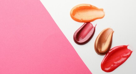 Smears of different lip products on color background, top view. Space for text