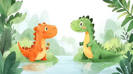 Fototapeta premium Playful Dinosaurs in Pastel Colors Enjoying a Sunny Day by the Water with Lush Greenery and Friendly Expressions, Perfect for Children's Content and Illustrations