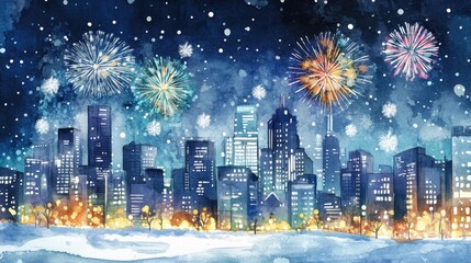 City skyline with New Year fireworks flat design front view winter theme watercolor Triadic Color Scheme
