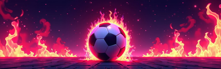 Naklejka premium Flaming soccer ball on fiery field - perfect for sports blogs, motivational websites, game posters, or energetic social media banners