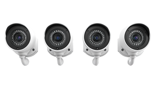 Modern security cameras arranged for surveillance in an indoor environment during daylight hours