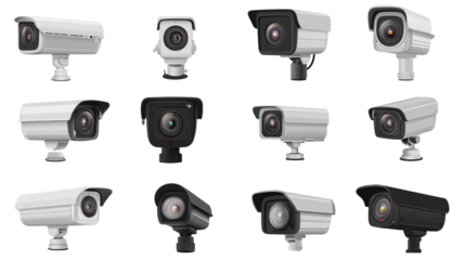 Various models of security cameras displayed in an orderly arrangement showcasing modern technology