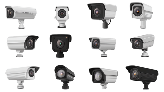 Various models of security cameras displayed in an orderly arrangement showcasing modern technology