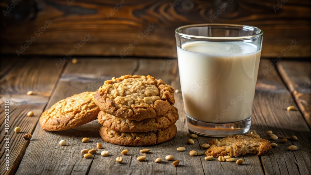 Poster a stack of freshly baked oat cookies with a glass of milk on a rustic wooden table