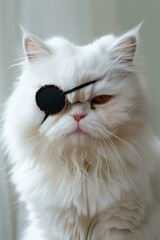 A white Persian cat wearing an eye patch