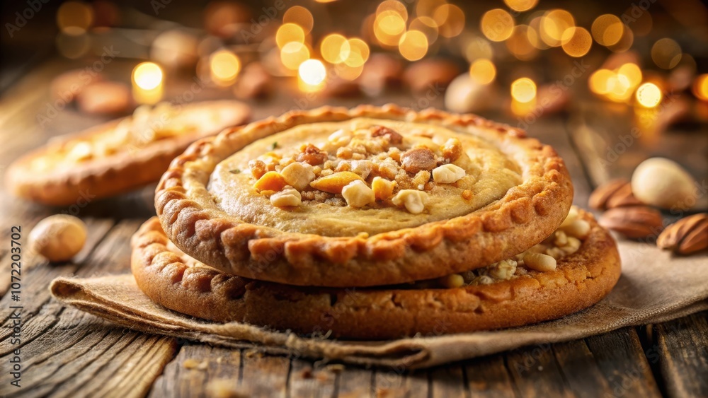 Poster golden crust pastry topped with chopped nuts and white chocolate drizzle on a rustic wooden backgrou