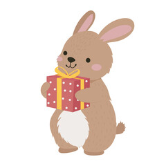 Rabbit holds Christmas gift in flat design. Cute character with holiday box. Vector illustration isolated.