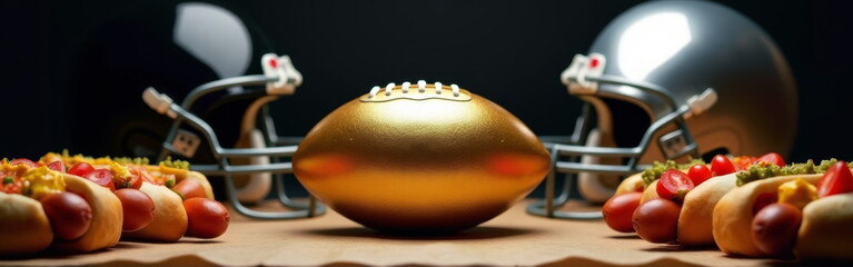 Golden football with helmets and hot dogs - perfect for sports blogs, Super Bowl party invitations, game day recipe websites, and football season marketing campaigns