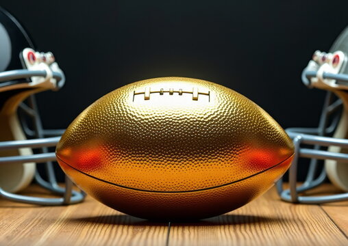 Golden football and helmets - perfect for sports blogs, game day websites, football season promotions, and American football-themed presentations and designs