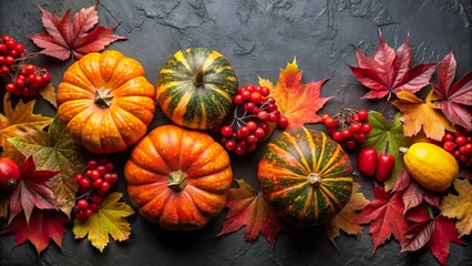 Colorful squash and vibrant red maple leaves with red berries displayed on a dark surface in a warm autumn arrangement