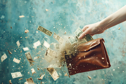 Mano che tiene una borsa vuota, mentre le banconote si disintegrano e scompaiono nell'aria come polvere