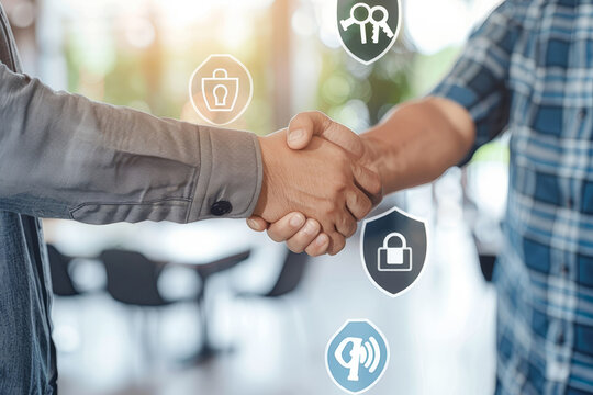 Una stretta di mano tra un cliente e un agente assicurativo in un ambiente luminoso e accogliente, con icone che rappresentano sicurezza e protezione