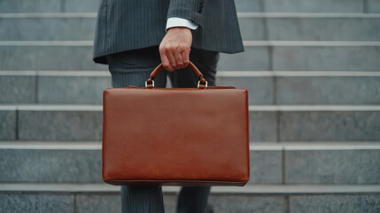 businessman is holding brown briefcase while walking up stairs in city. scene conveys professionalism and determination
