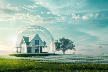Una casa moderna sotto una gigantesca campana di vetro, circondata da un paesaggio sereno. Simbolo di protezione e sicurezza domestica