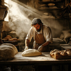 In a cozy rustic bakery, a baker focuses intently as he kneads a large mound of dough, with fresh loaves and trays of pastries around him, illuminated by warm sunlight