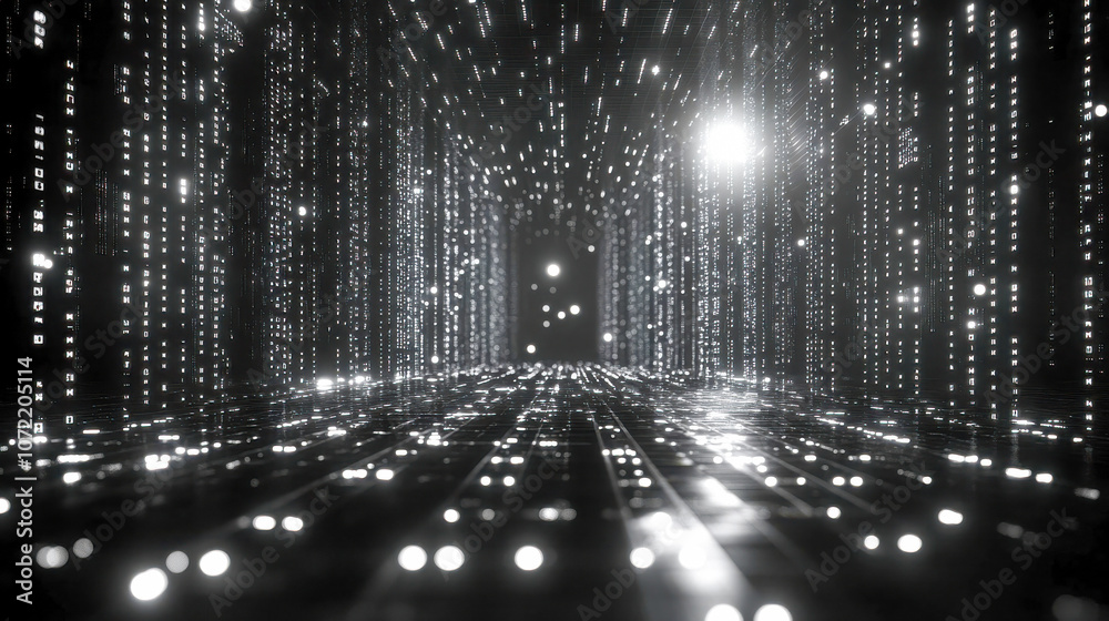 Poster abstract digital tunnel with streaming white binary code, creating a futuristic and high-tech atmosp