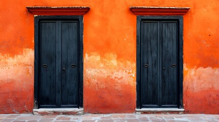 Symmetrical View of Two Large Black Doors Set Against a Vibrant Red Wall, Showcasing Contrasting Colors and Textures in a Unique Architectural Feature