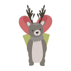 Naklejka premium Bear with Christmas antlers in flat design. Cute mascot holds holiday gift. Vector illustration isolated.