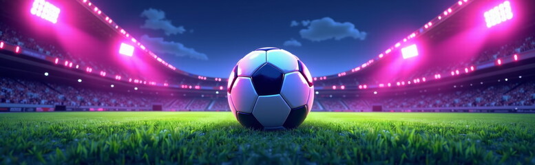 Soccer ball on stadium field under bright lights - perfect for sports blogs, football websites, event promotions, and championship tournament presentations