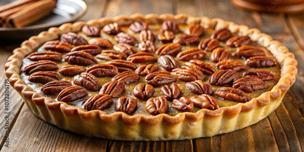 Aufkleber A freshly baked pecan pie, adorned with a generous layer of toasted pecans, sits on a rustic wooden surface, ready to be sliced and enjoyed.