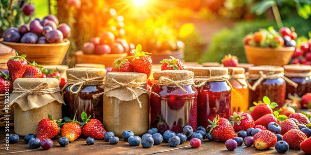 Poster a row of rustic jars filled with homemade fruit preserves, a colorful display of summer's harvest