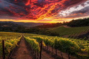 Fototapeta premium Vigneto al tramonto con nuvole rosse e arancioni