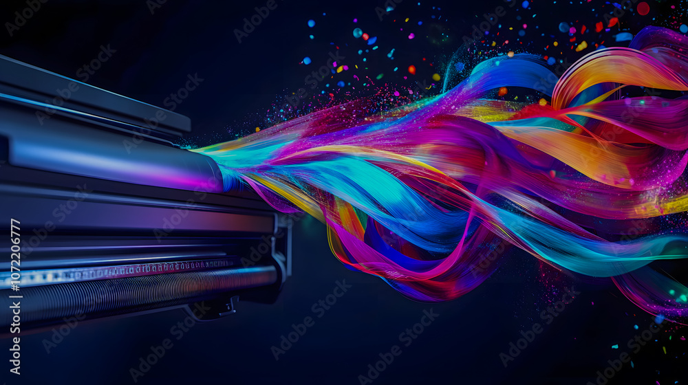 Poster vivid abstract color splash flowing from printer with smooth gradient ribbons against a dark backgro