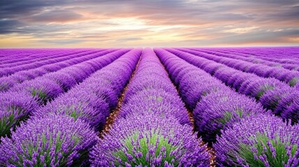 Obraz premium Expansive Lavender Field under a Beautiful Sunset with Vivid Purple Blooms Stretching to the Horizon, Capturing Nature's Serenity and Abundance