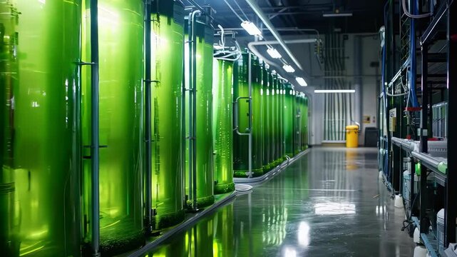 Modern bioreactor facility with vibrant green algae in cylindrical tanks