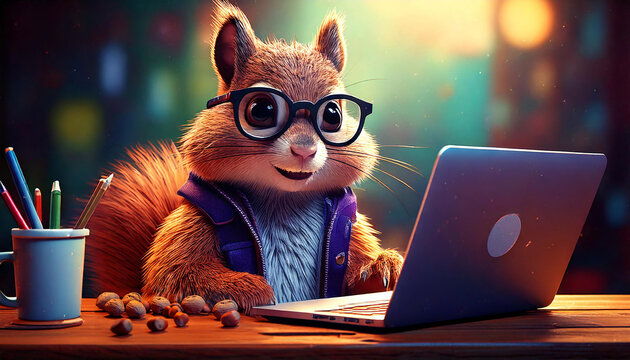 Cute Squirrel - Big glasses geek with laptop and coffee