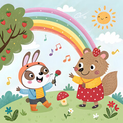 Obraz premium A playful cartoon-style illustration bursting with vibrant colors and imaginative characters.