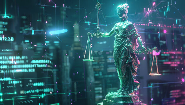 La giustizia femminile sostiene una bilancia che simboleggia l'intelligenza artificiale applicata al diritto su sfondo di una citt&agrave; futuristica