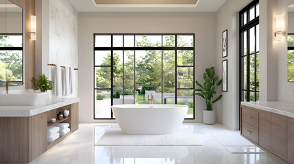 Fototapeta premium Luxurious bathroom with freestanding tub, large windows, and greenery view