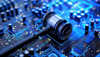 Un martelletto della giustizia digitale posato su un circuito stampato. L'intersezione tra diritto e tecnologia.