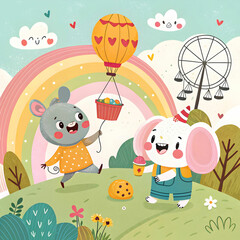 Obraz premium A playful cartoon-style illustration bursting with vibrant colors and imaginative characters.