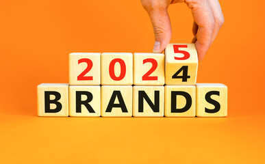 Planning 2025 brands new year symbol. Concept words 2024 Brands to 2025 Brands on beautiful wooden blocks. Beautiful orange table orange background. Business 2025 brands new year concept. Copy space.