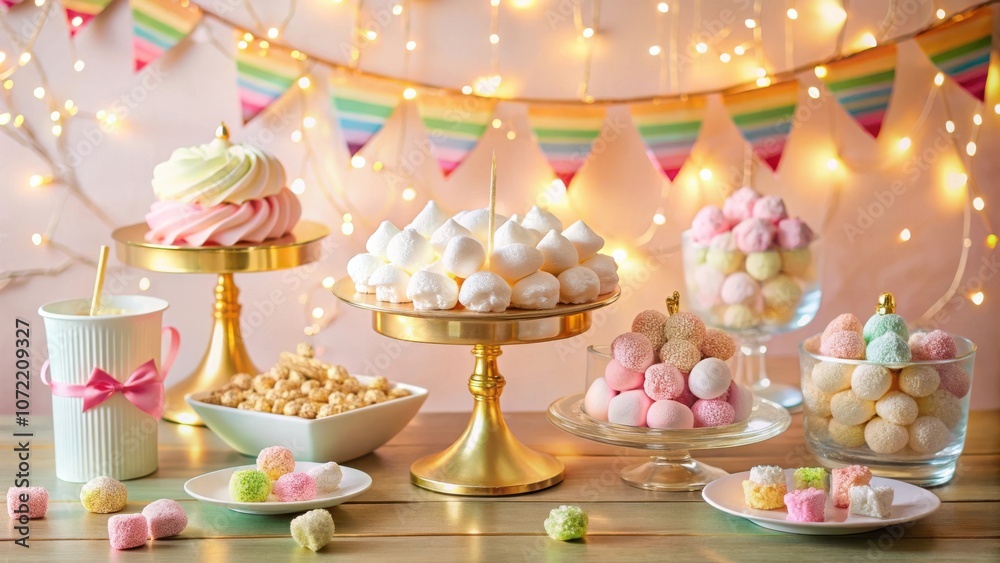 Poster a festive table setting featuring delicate white meringues and colorful candies, surrounded by golde