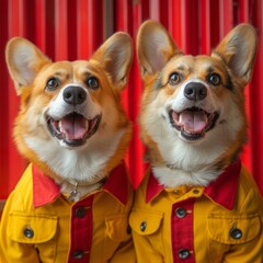 Two happy corgis in yellow and red jackets