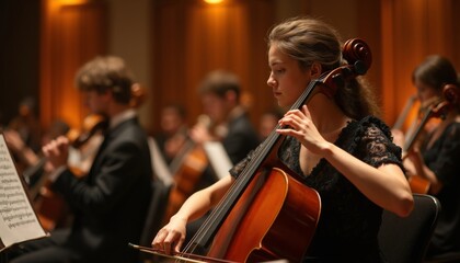 Young Woman Playing Cello in Cozy Concert with Musicians Present.