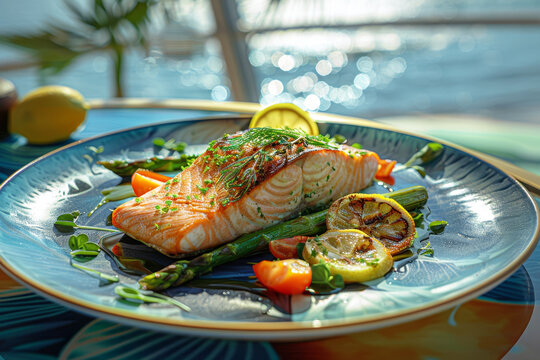 Un filetto di salmone dorato, su un letto di asparagi e zucchine grigliate, con fette di limone ed erbe fresche, servito in un elegante ristorante sulla costa, con vista sul mare