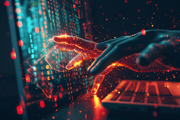 Bloccare un attacco digitale. Un paio di mani davanti allo schermo di un computer, fermando un flusso di numeri rossi, simbolo di malware