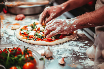 Mani che preparano una pizza, con l'impasto steso tra le dita e gli ingredienti freschi sparsi sul tavolo