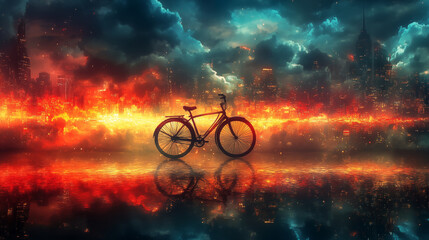 Bicycle silhouette against dramatic cityscape with fiery sunset reflection