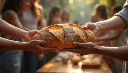 Diverse Hands Holding Rustic Loaf of Bread in Vibrant Setting.