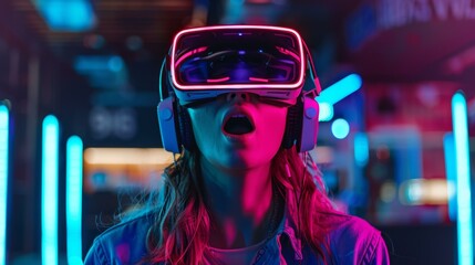 Amazed Caucasian woman wearing virtual reality headset