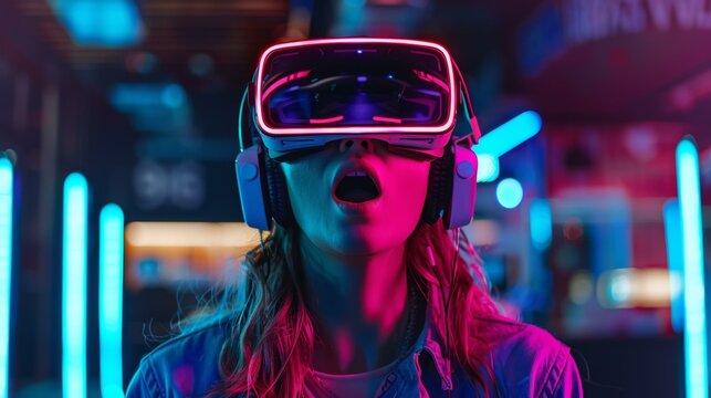Amazed Caucasian woman wearing virtual reality headset - Powered by Adobe