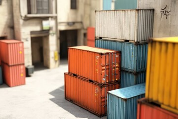Fototapeta premium Colorful cargo containers stacked in industrial area, showcasing vibrant orange, blue, and gray hues, creating striking visual contrast
