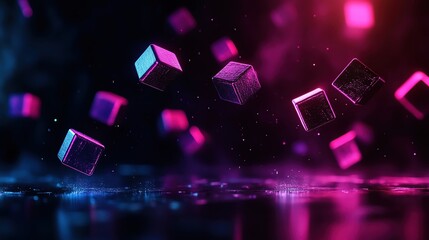 Naklejka premium Abstract floating cubes with vibrant neon lights in a dark, misty environment.
