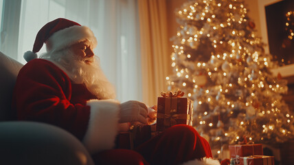 Santa's hands gently holding a gift wrapped in red paper, soft bokeh in the background,