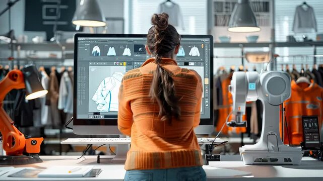 Woman working at a computer in a modern fashion design studio